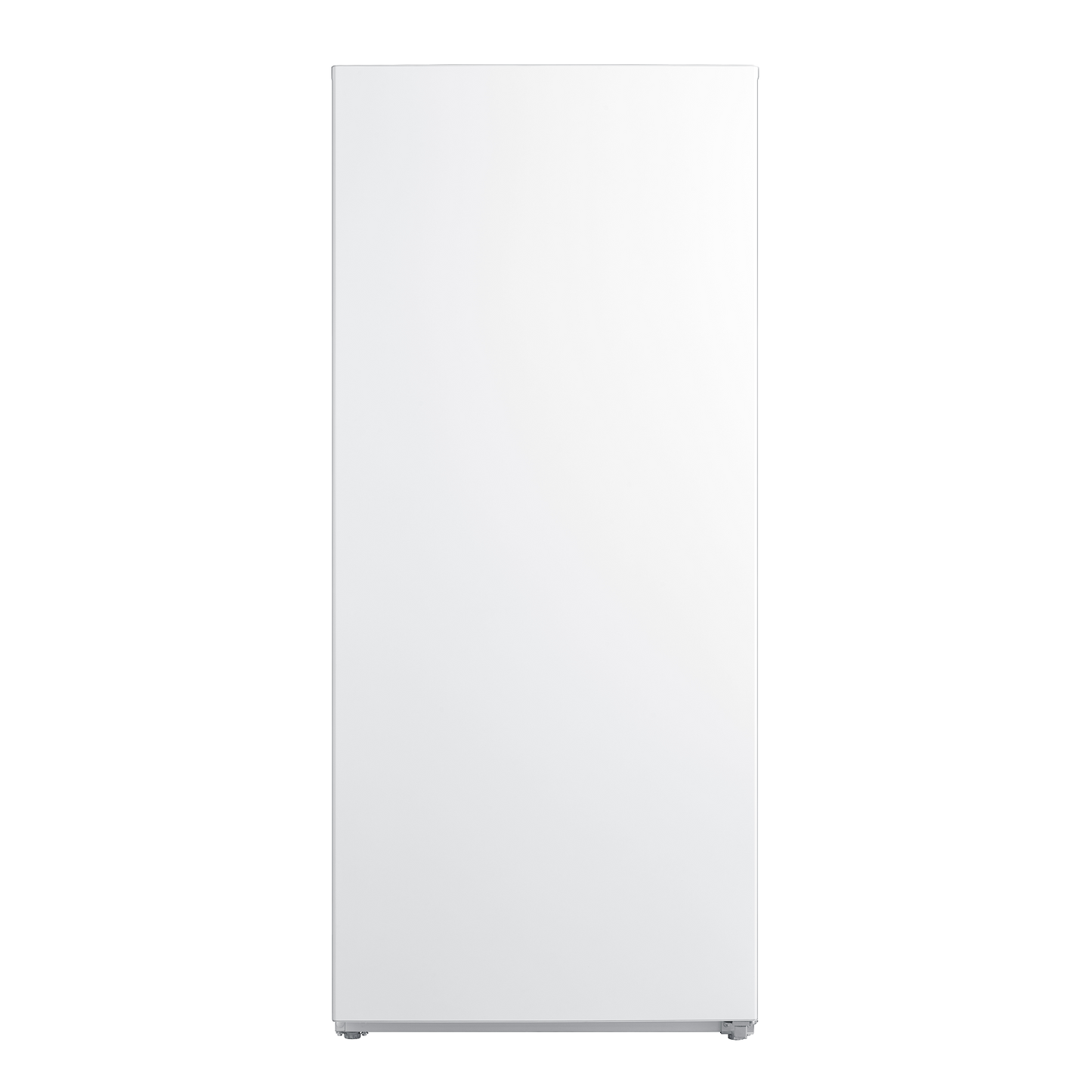 Front view of a tall white upright freezer with a smooth door, part of freezers and appliances collection