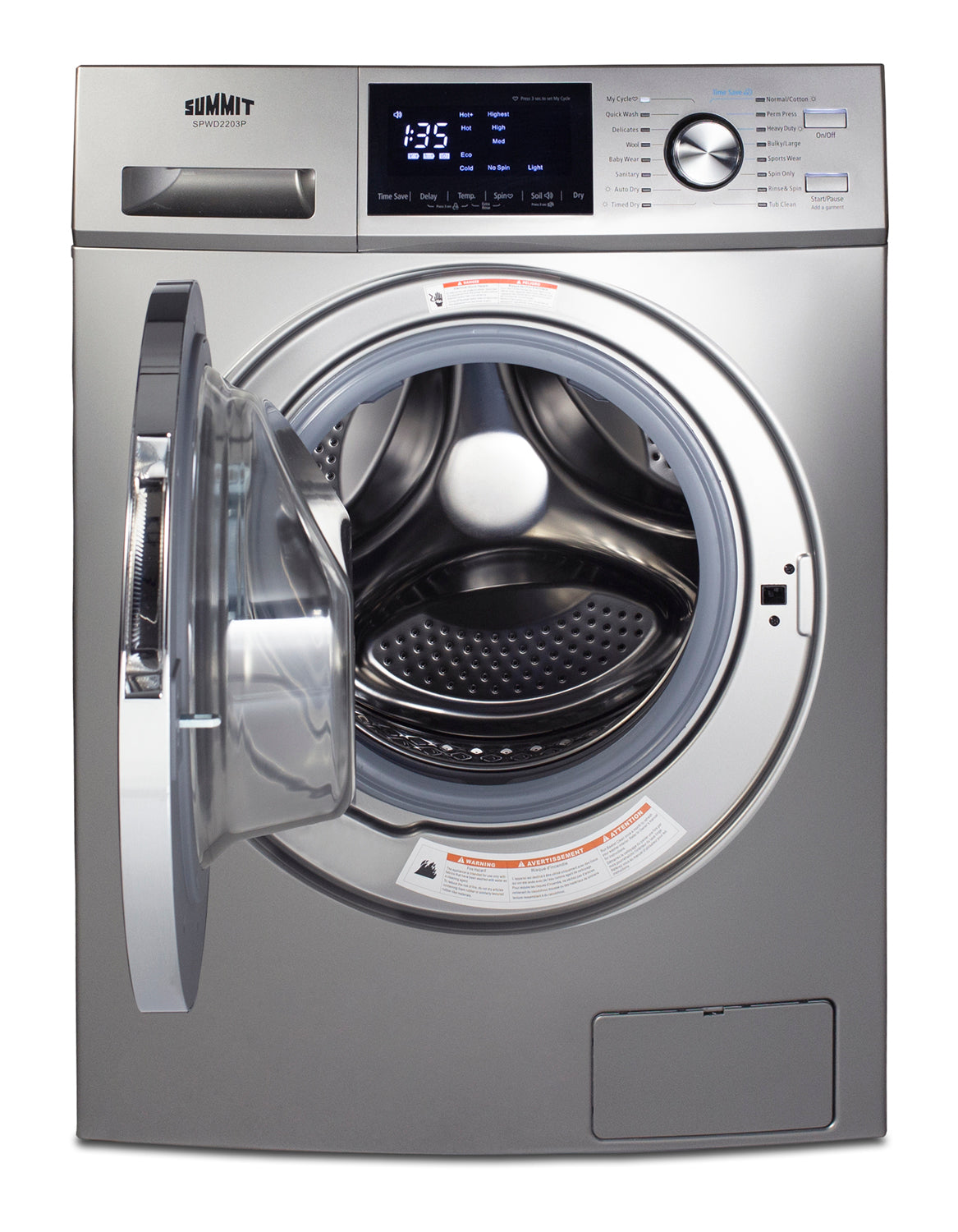 Front view of platinum finish 24-inch wide washer/dryer combo with open door and digital control panel from appliances collection