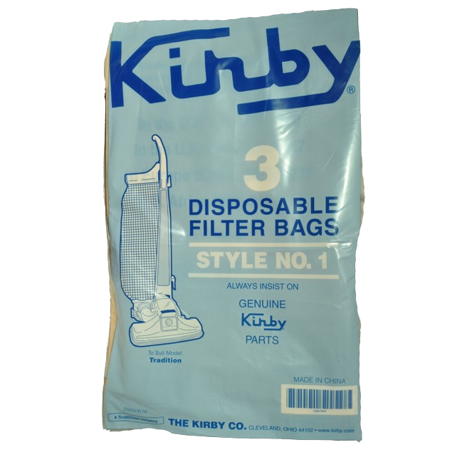 Package of three Kirby disposable vacuum filter bags for traditional upright models in light blue packaging