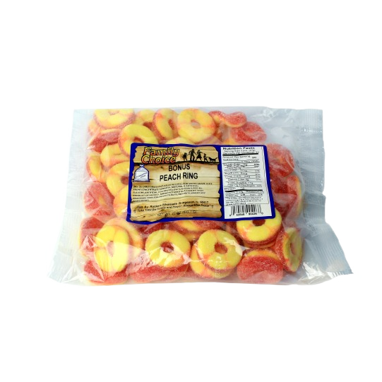 Clear bag of sugary-coated peach ring gummies in candy and food & beverage collections under $25
