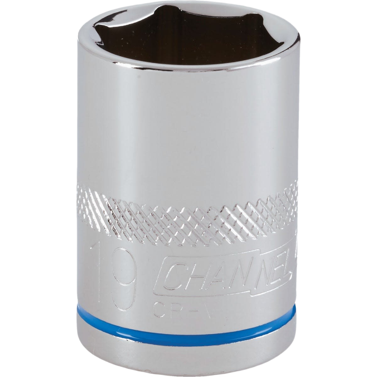Shiny chrome shallow socket with 6-point opening and knurled grip for home improvement tasks