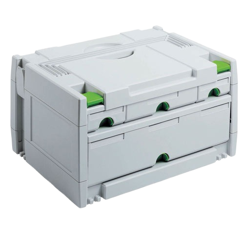 Compact gray multi-drawer storage box with green accents for organizing tools and hardware in workshop organization collections