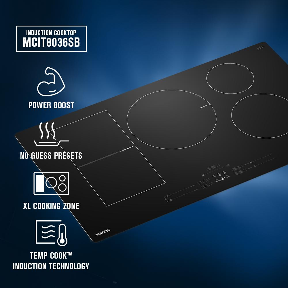 Black induction cooktop with XL cooking zone, touch controls, and icons highlighting Power Boost and Temp Cook induction features