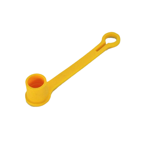Yellow plastic cap with attached loop designed for John Deere parts and lubricants in home improvement tools collections