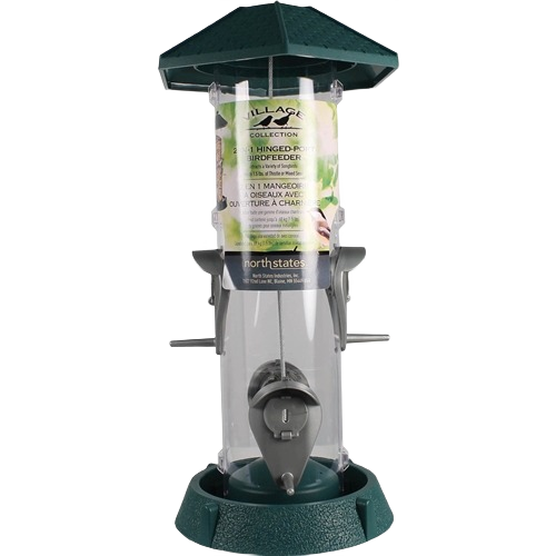 Green plastic bird feeder with hinged lid and dual feeding ports for backyard bird feeding and wildlife watching