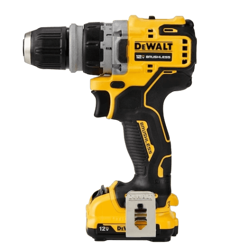 Yellow and black 12V brushless cordless drill driver with ergonomic grip and metal belt clip for home improvement tasks