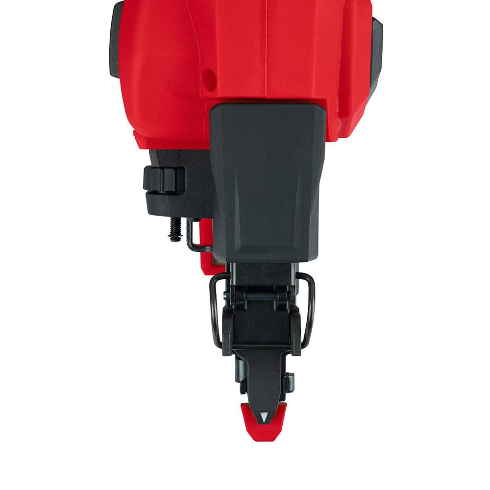 Front close-up view of red and black 18 gauge brad nailer tip for precision home improvement tasks