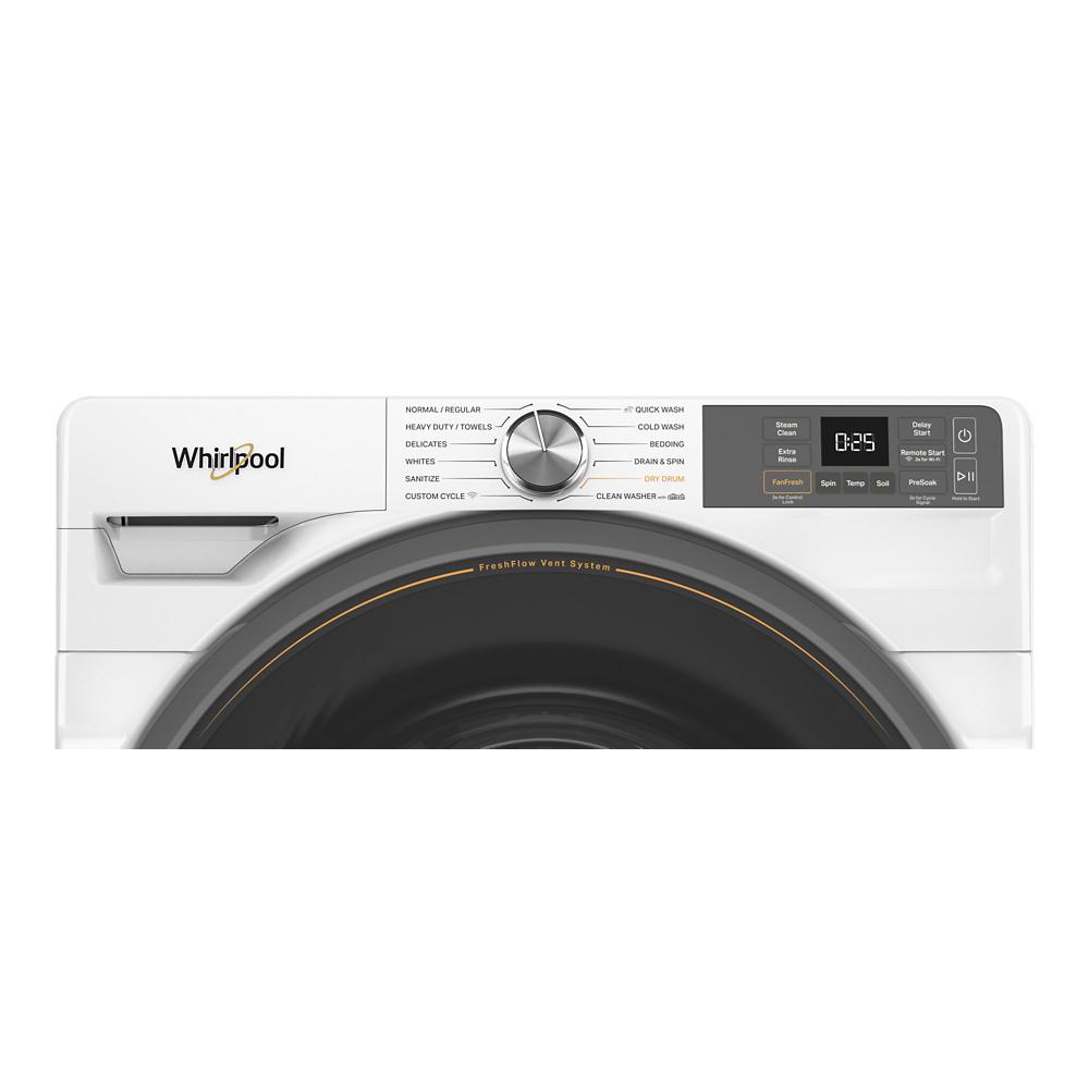 Top control panel of a white front load washer featuring multiple cycle options and digital display for home appliances.