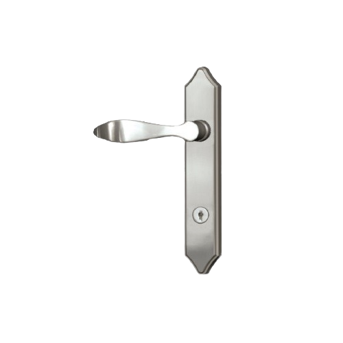 Satin nickel storm door lever with elongated backplate and keyhole for home improvement projects