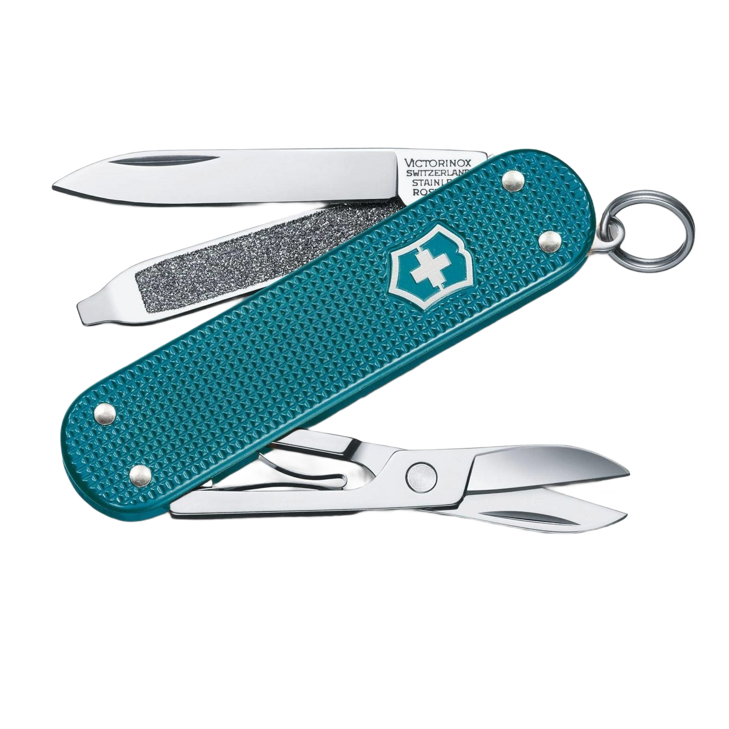 Compact teal multi-tool pocket knife with blade, nail file, scissors, and keyring for cutting and woodworking tasks