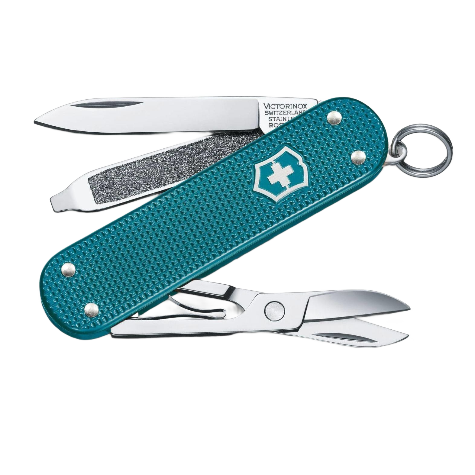 Compact teal multi-tool pocket knife with blade, nail file, scissors, and keyring for cutting and woodworking tasks