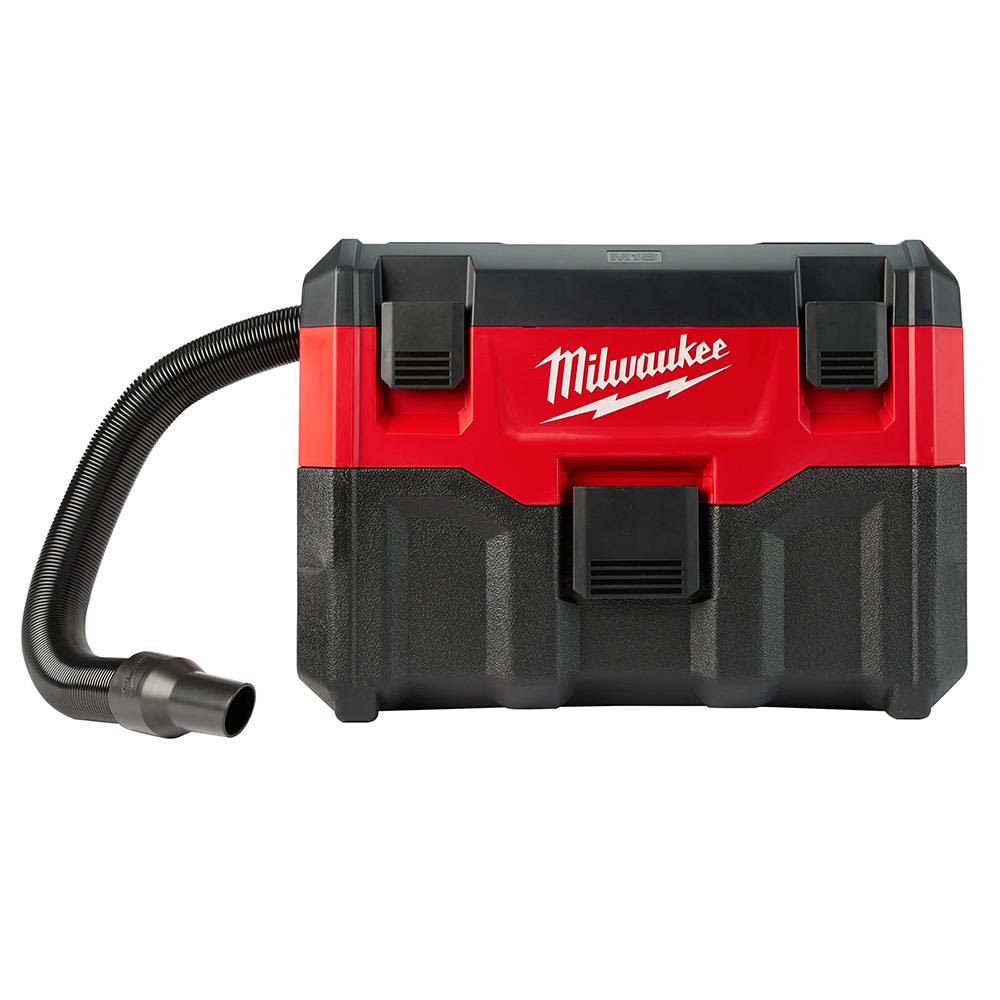 Compact red and black wet/dry vacuum with flexible hose designed for portable home improvement cleanup tasks