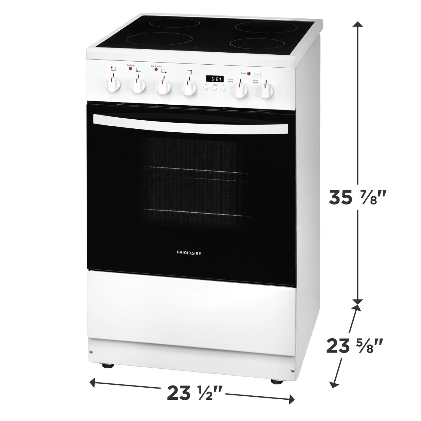 White freestanding electric range with smooth glass cooktop and control knobs, shown with product dimensions