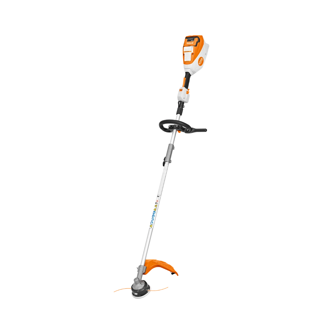 Battery-powered string trimmer in orange and white for efficient yard work in power tools and trimmers collections