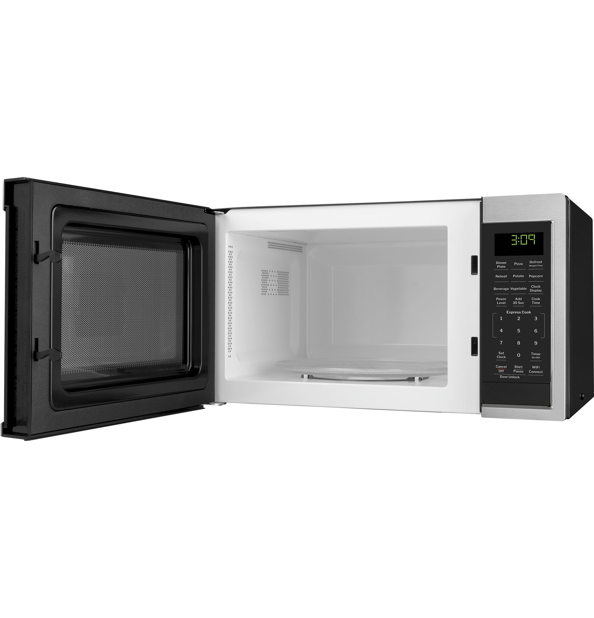 Open countertop microwave oven with stainless steel trim and digital control panel showing green clock display