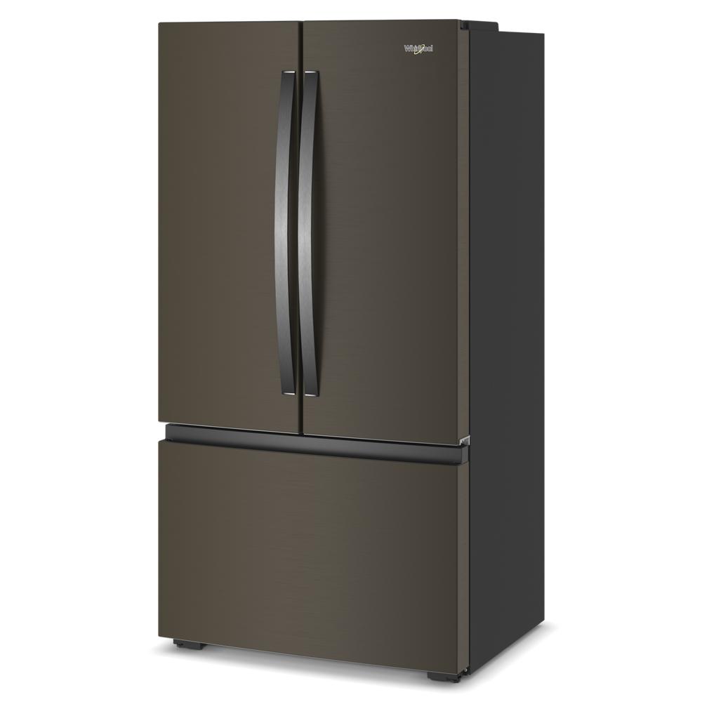 36-inch wide dark stainless steel French door refrigerator with bottom freezer for kitchen appliance collections