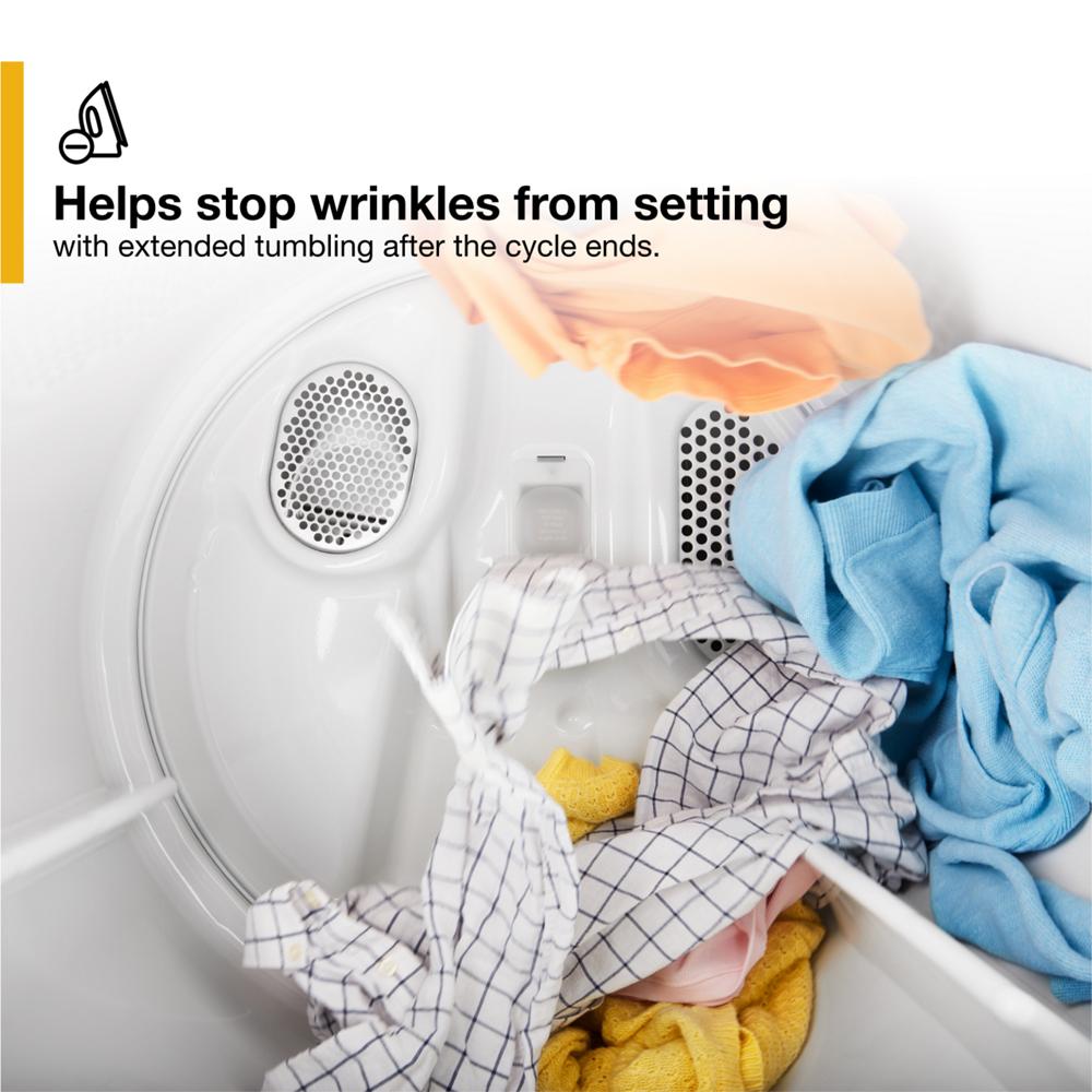 Interior view of a dryer drum with mixed clothes showing wrinkle prevention feature in home appliances collection