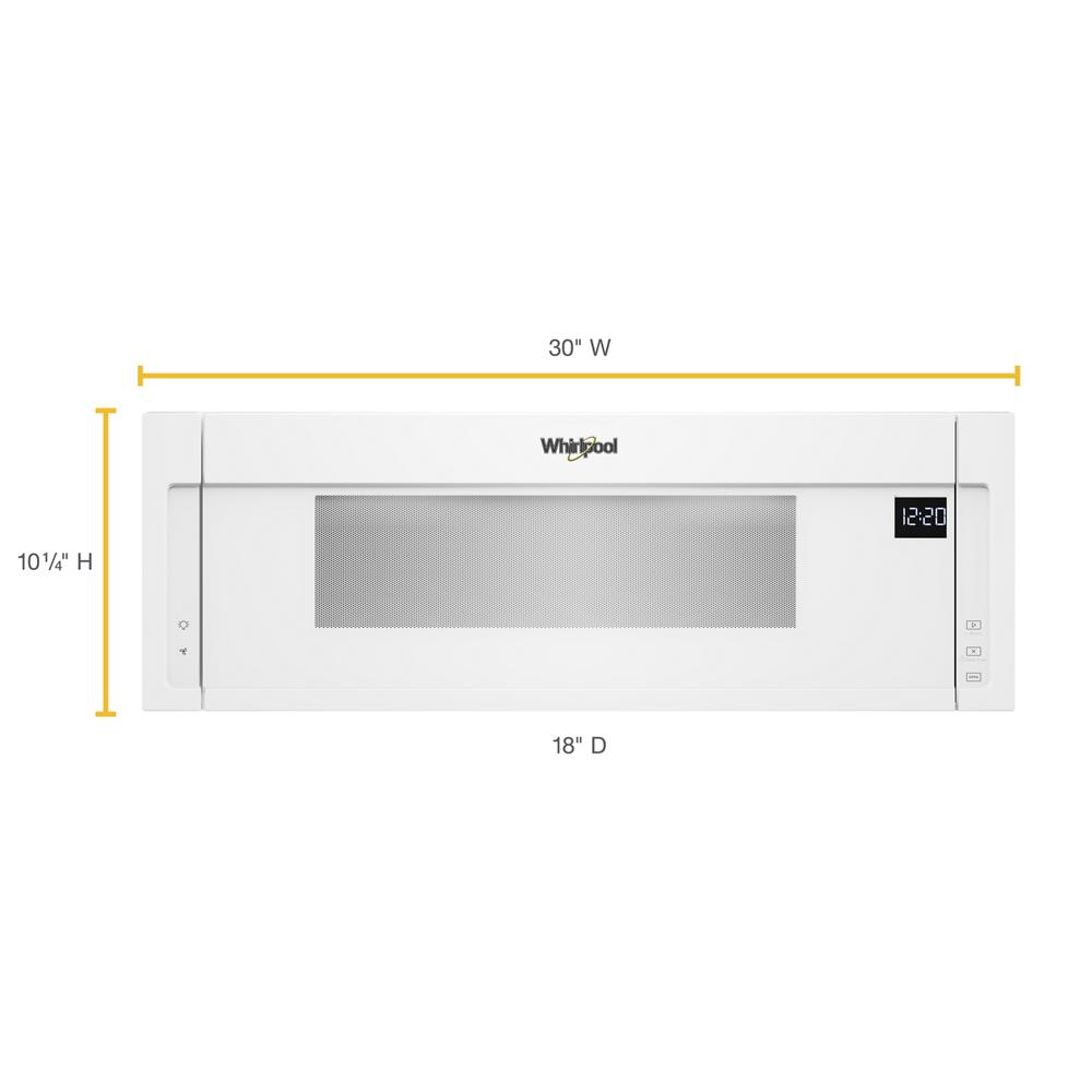 White low profile microwave hood with digital clock display and vent, measuring 30 inches wide by 10 ¼ inches high, part of Over the Range Microwaves, Kitchen & Kitchenware, All Products, and Appliances collections.