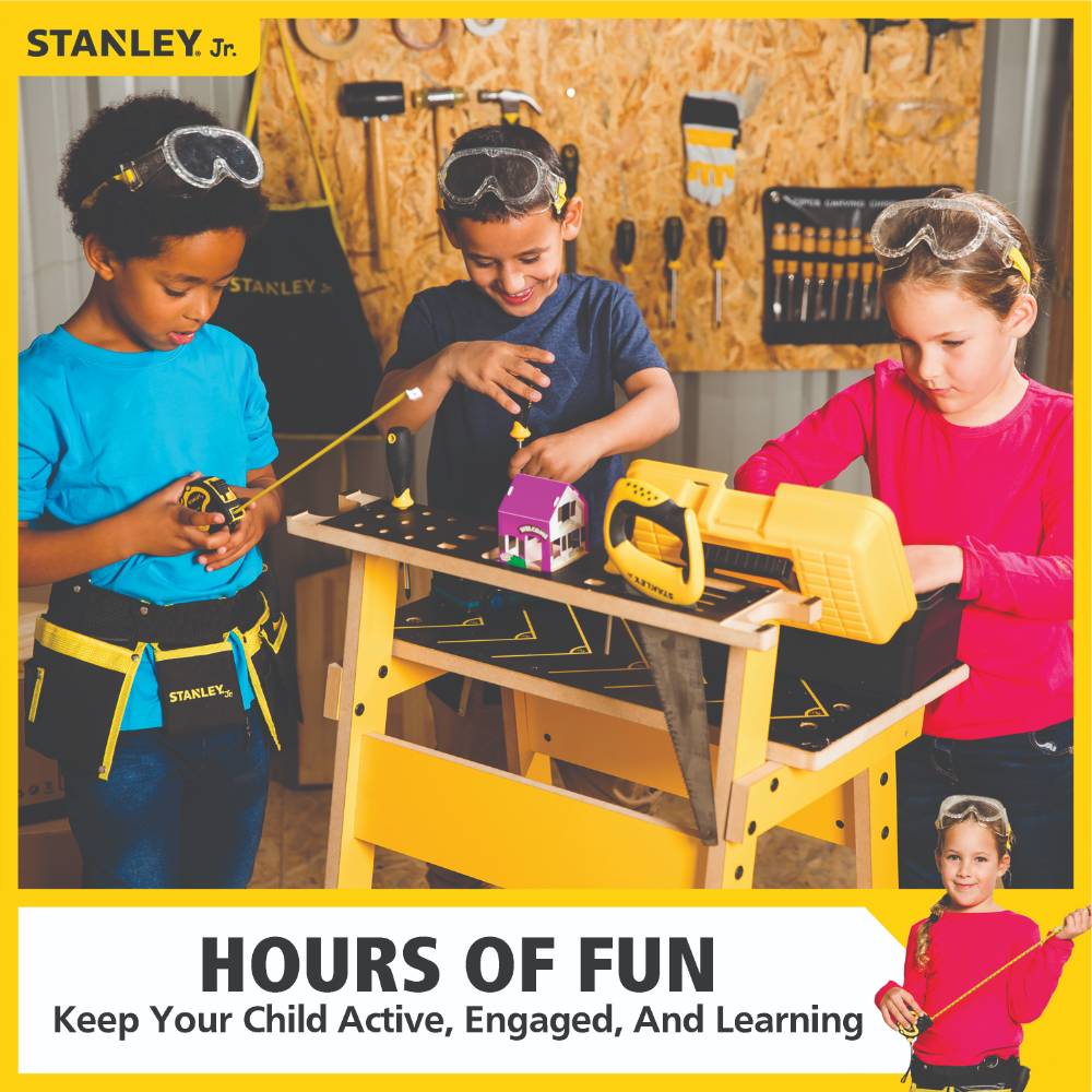 Children wearing safety goggles using kid-friendly tools on a wooden bench in Toys & Games under $50 collection