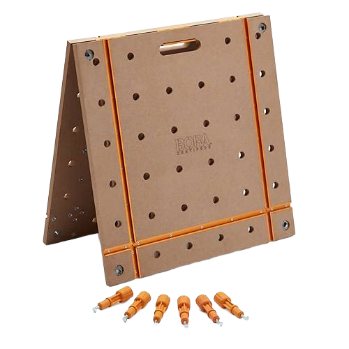Folded beige centipede-style T-track table top with multiple 3/4 inch holes and orange inserts for home improvement tasks