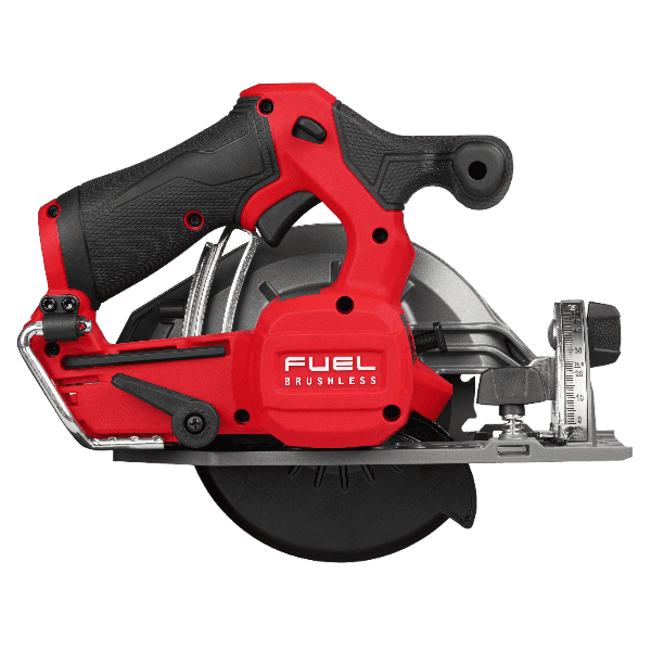 Red and black cordless circular saw with brushless motor and ergonomic grip for tools and home improvement tasks