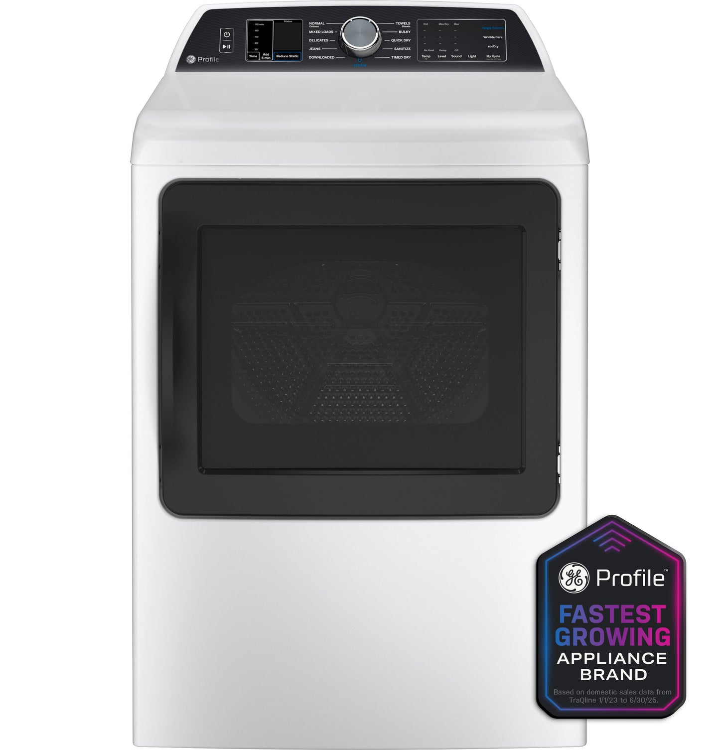 White electric dryer with aluminized alloy drum, digital control panel, and fast-growing GE Profile brand badge from Appliances collection