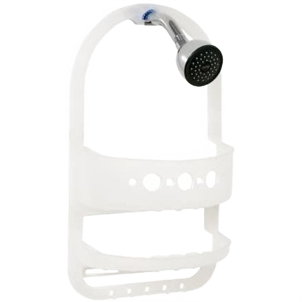 Compact frosted white shower caddy with multiple shelves and hooks designed for home improvement organization