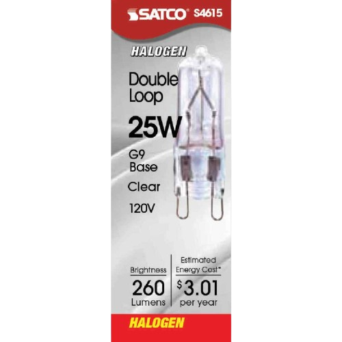 Clear 25 watt halogen bulb with double loop filament, G9 base, 260 lumens for lighting and electrical needs under $50 collections