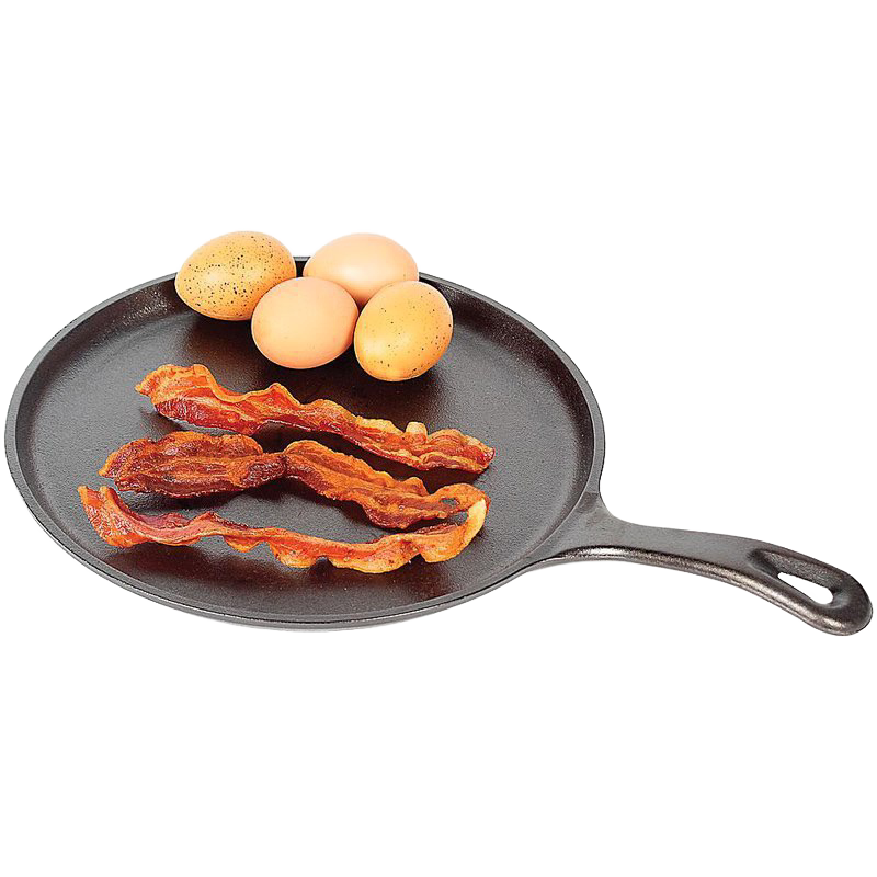 Round cast iron griddle with cooked bacon strips and three whole eggs for outdoor cooking and kitchenware use