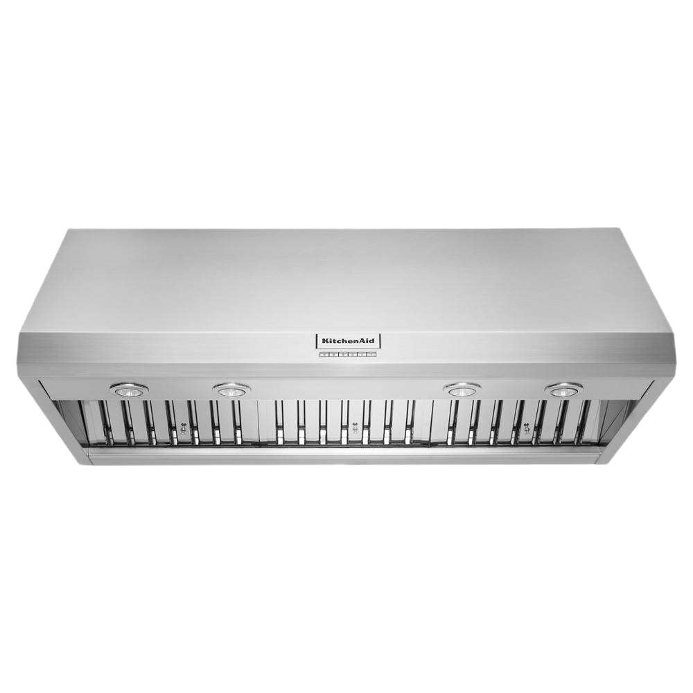 Stainless steel commercial-style wall-mount canopy range hood with four control knobs from KitchenAid appliances collection
