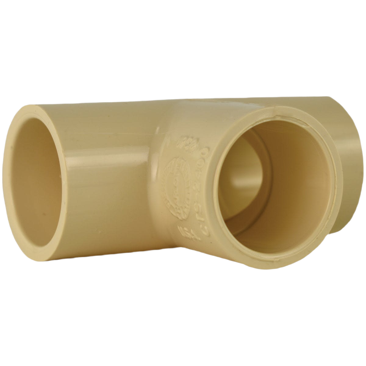 Beige solvent weldable CPVC tee fitting for plumbing with three 3/4 inch connections in pipes and fittings collection