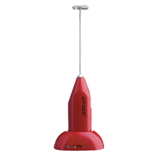 Red handheld milk frother with ergonomic body and stainless steel whisk for kitchen gadgets and tools under $50 collection