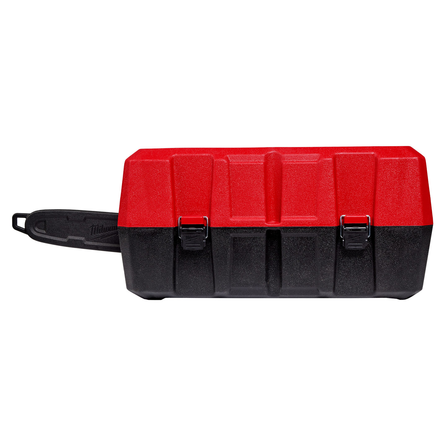 Compact red and black hard case with secure latches, designed for storing top handle chainsaws in home improvement tasks