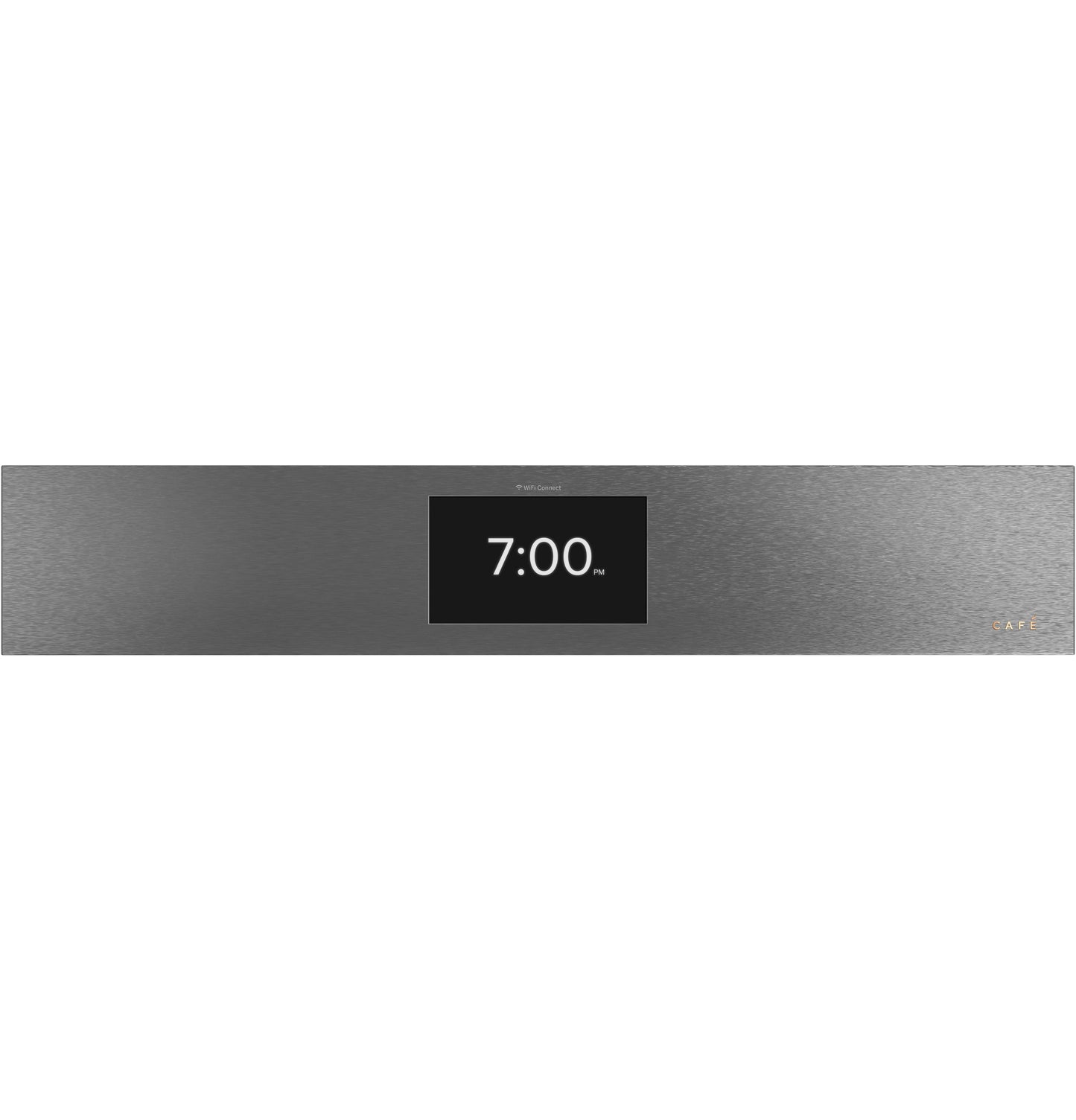Close-up of stainless steel control panel with digital clock display for kitchen appliance in wall ovens collection