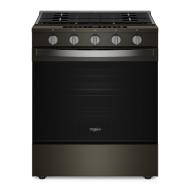 30-inch slide-in gas range with black stainless steel finish and five control knobs in kitchen appliances collection