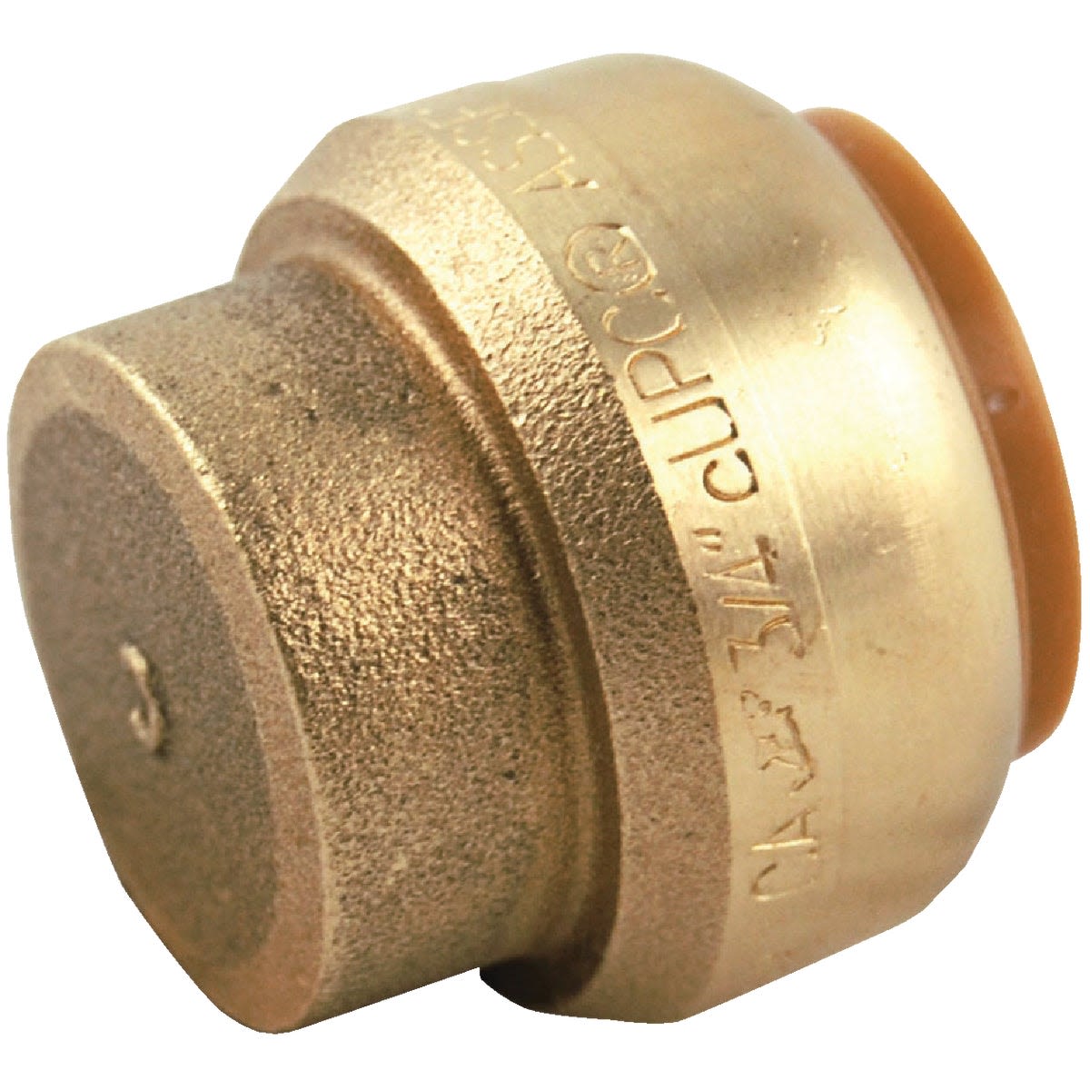 Brass push-to-connect plumbing cap for sealing pipe ends in home improvement and tools applications