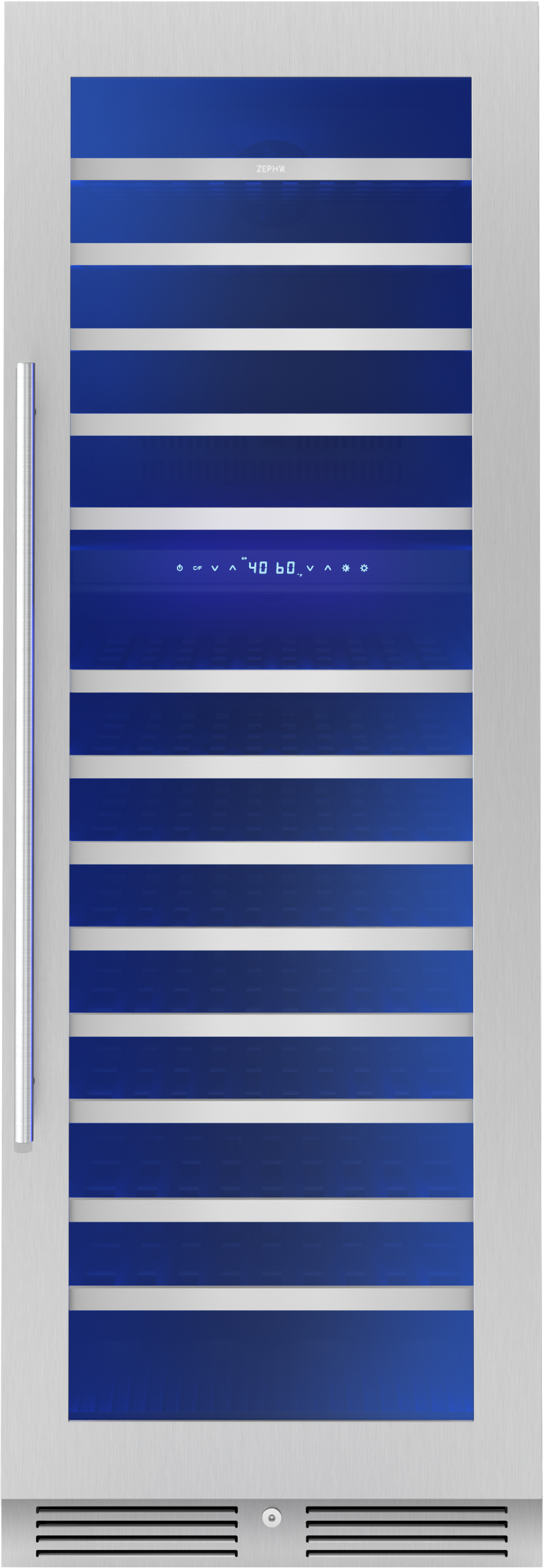 Full-size stainless steel dual-zone wine cooler with glass door and digital temperature display from kitchen appliances collection