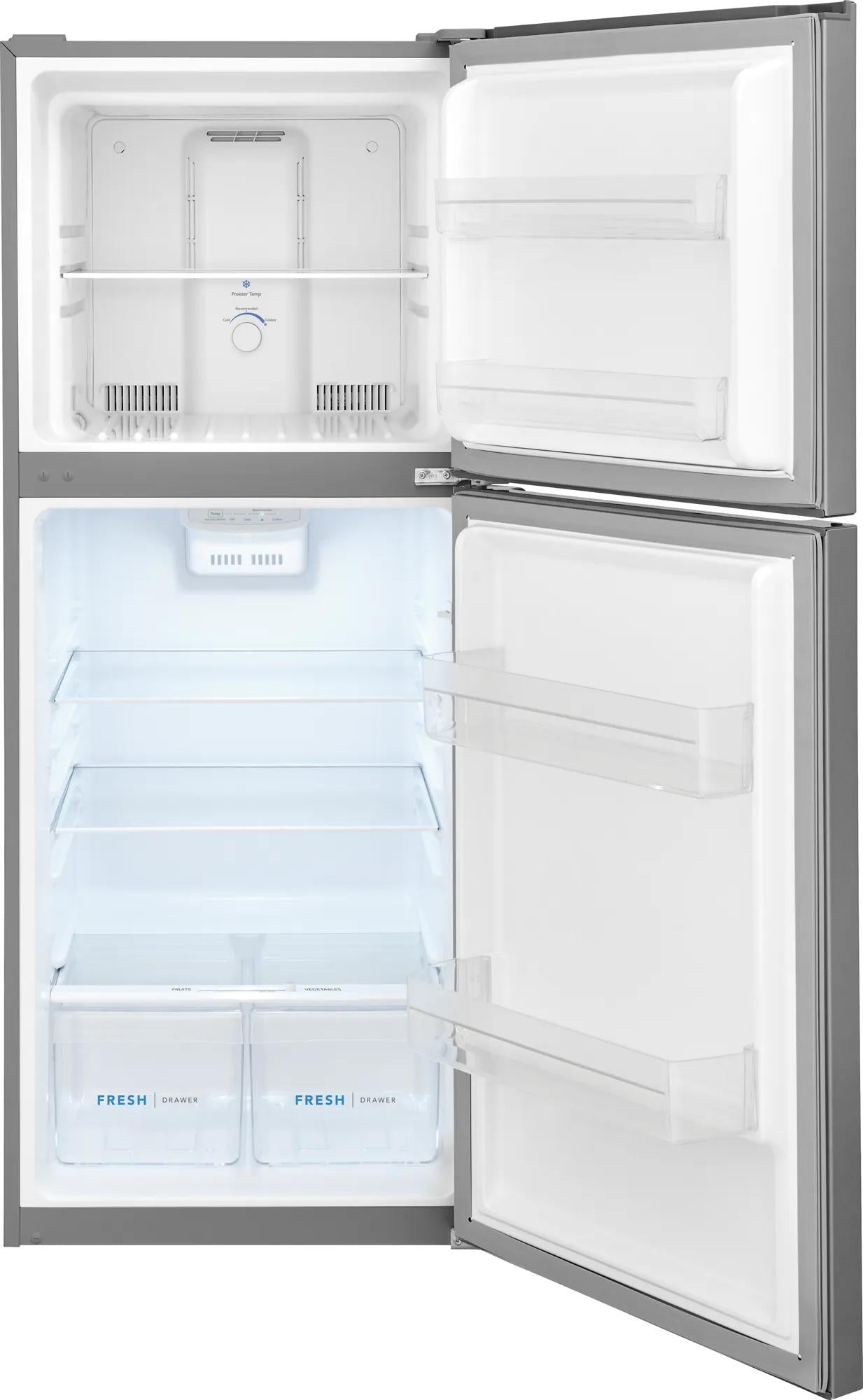 Open top freezer and refrigerator with adjustable glass shelves, clear bins, humidity-controlled crisper drawers, and bright interior lighting