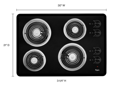 Top view of black electric cooktop with four coil elements and four control knobs in kitchen appliances collection