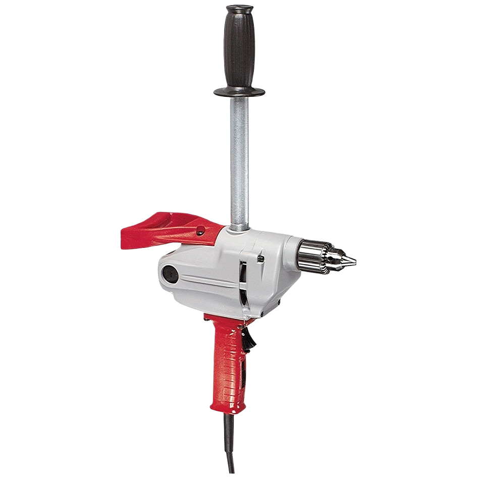 Red and gray compact drill with extra-long metal handle and black grip, part of Milwaukee power tool rentals for home improvement at Hartville Hardware.