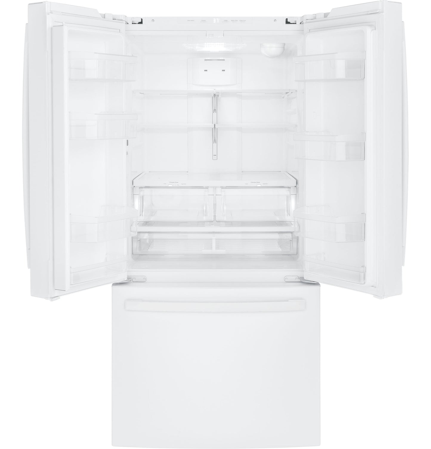 Empty white French-door refrigerator with spacious interior and bottom freezer drawer in kitchen appliance collections