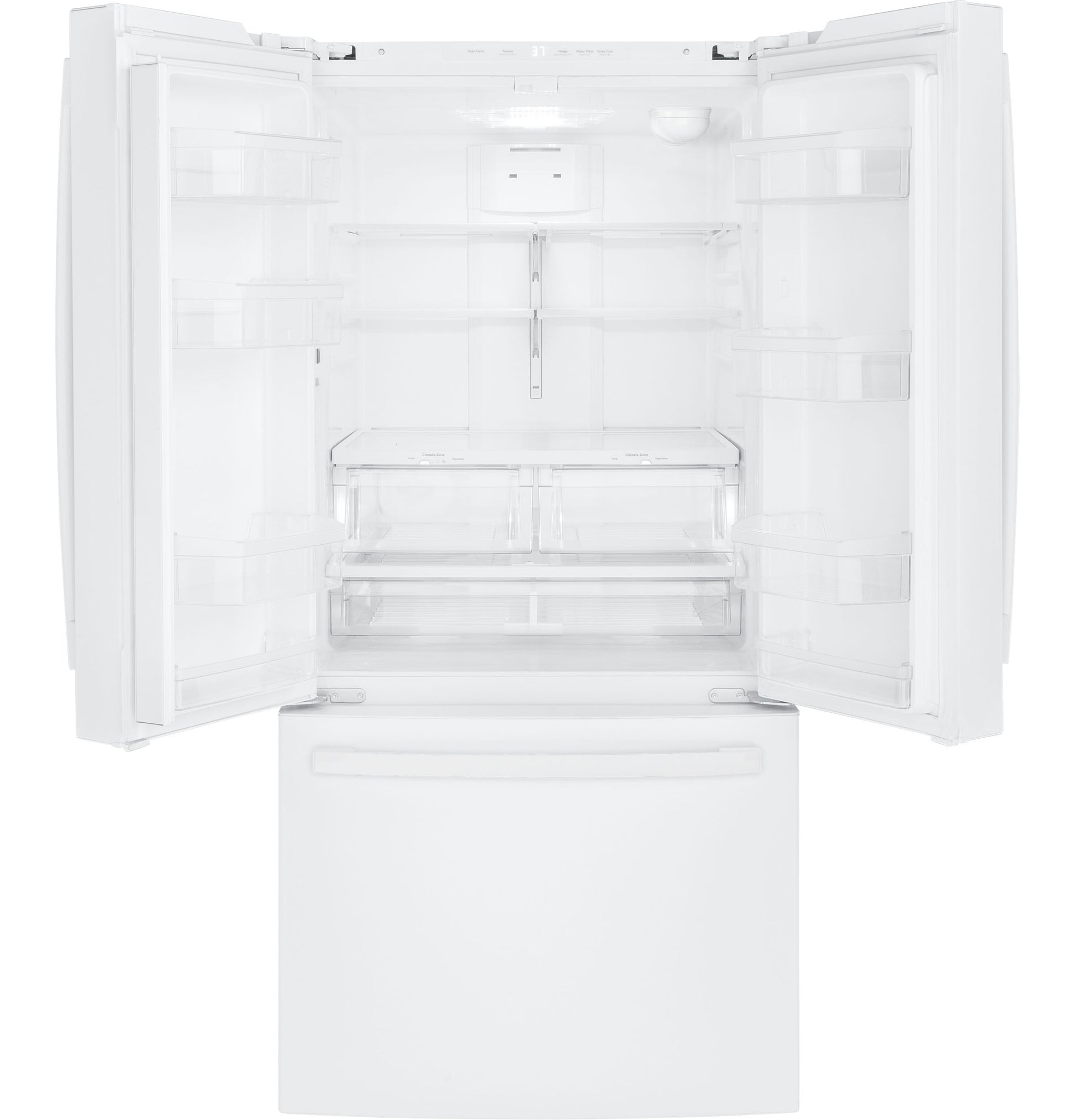 Empty white French-door refrigerator with spacious interior and bottom freezer drawer in kitchen appliance collections