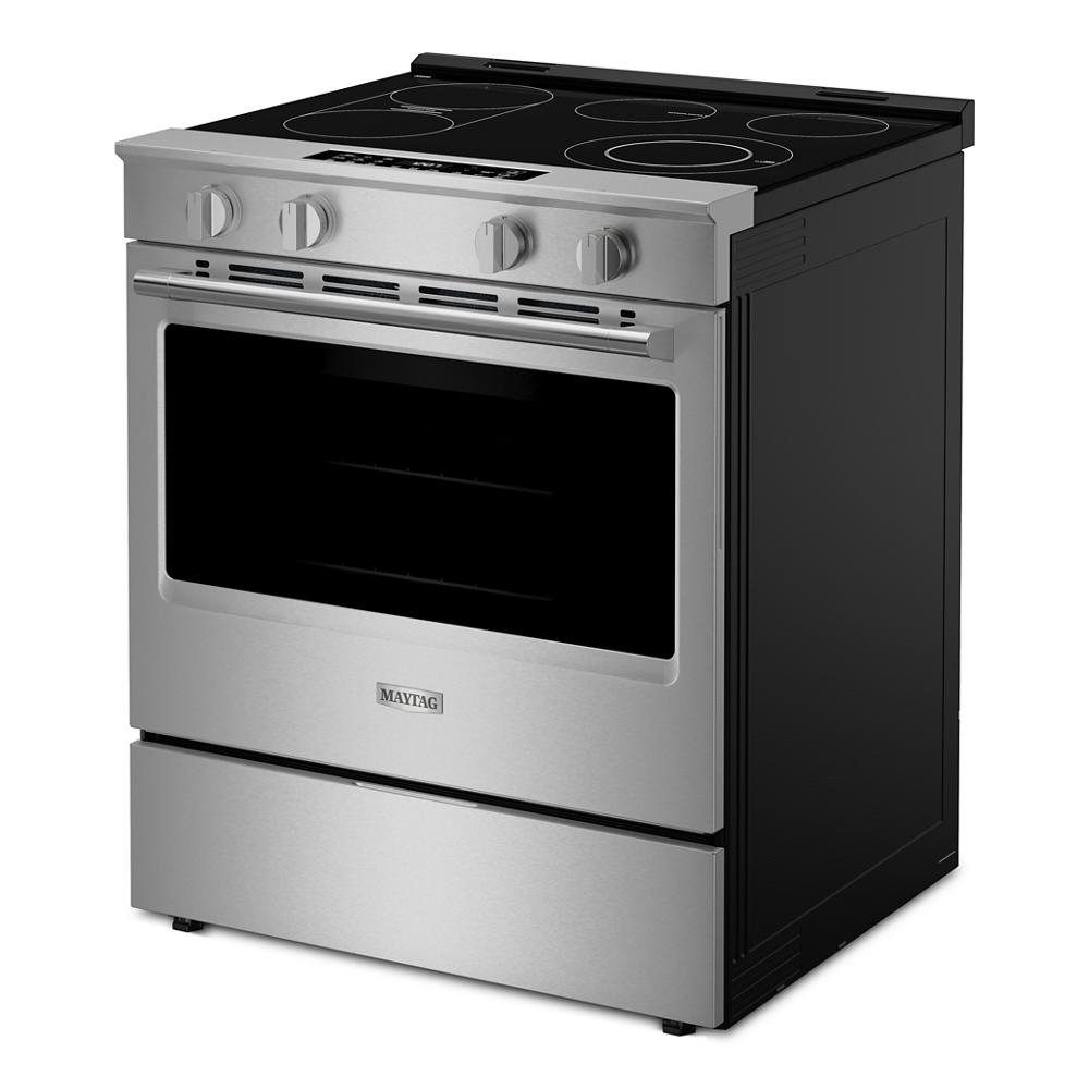 30-inch stainless steel slide-in electric range with smooth cooktop and control knobs in Ranges collection
