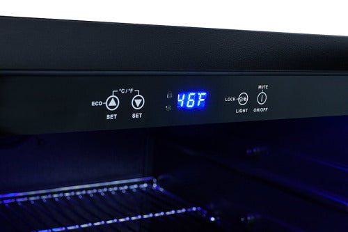 Digital control panel with temperature display and touch buttons for eco mode, light, and mute in kitchen appliance setting