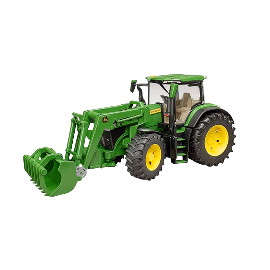 Green and yellow Bruder toy tractor with front loader attachment for tools and home improvement play