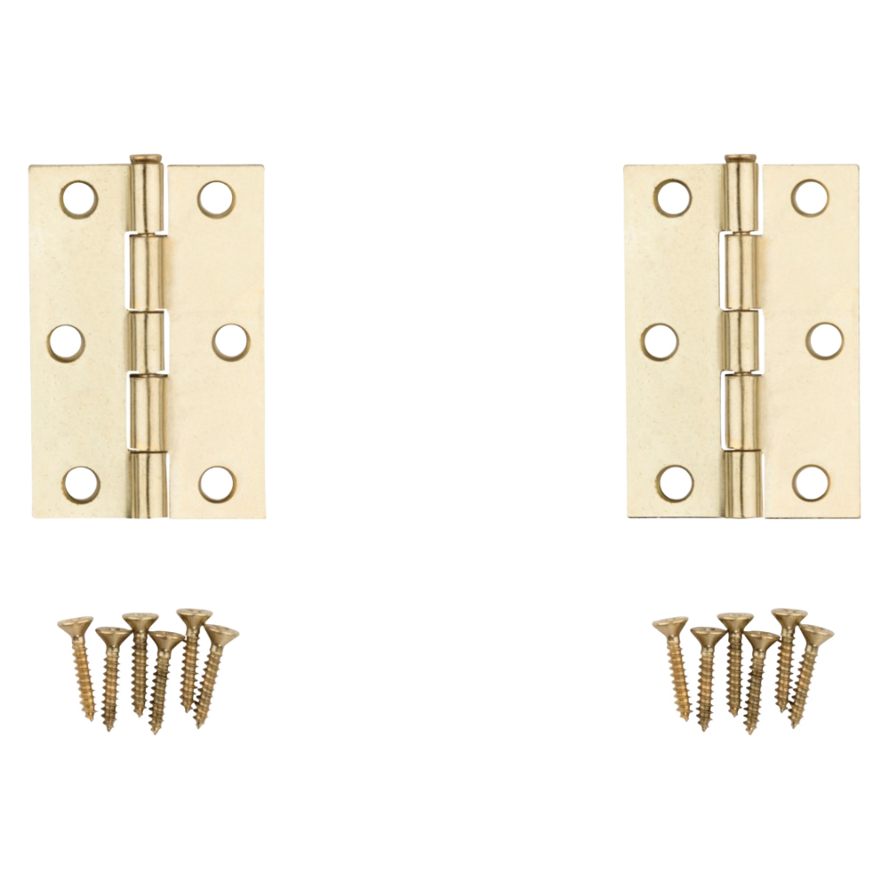 Two brass loose-pin narrow hinges with mounting screws for door hardware in home improvement projects under $50