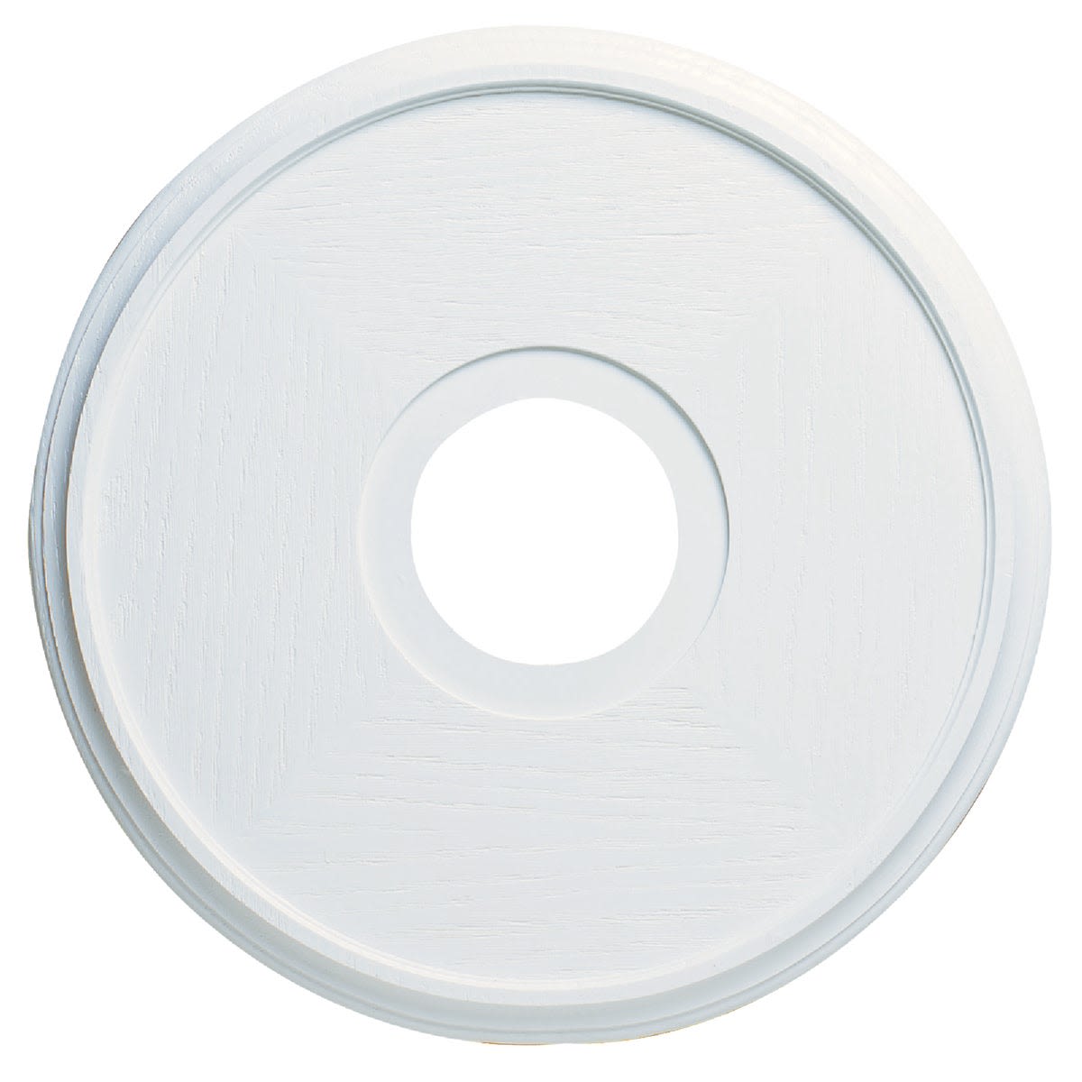 White molded plastic ceiling medallion with classic design for lighting and ceiling fan home improvement projects