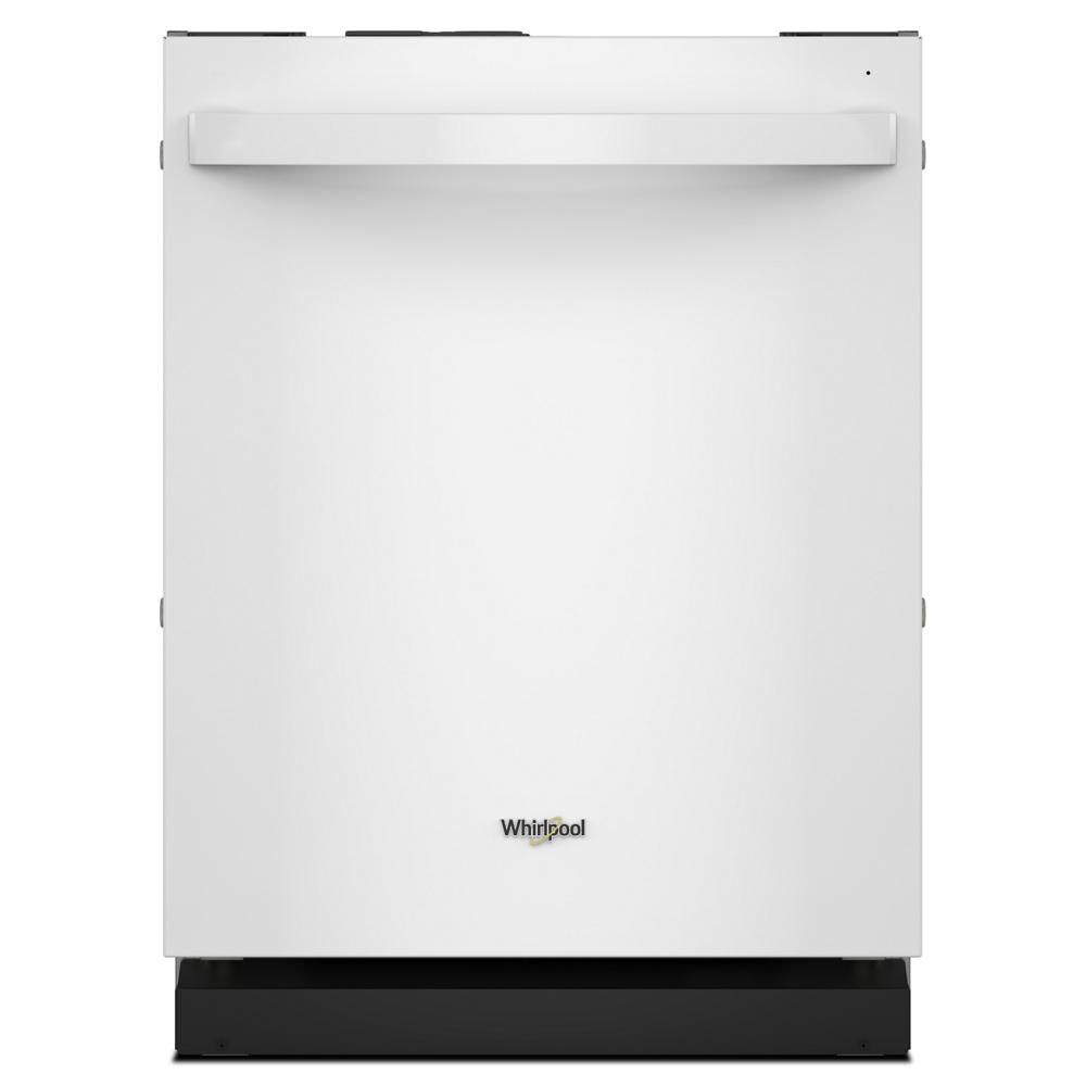 White built-in dishwasher with flush-mount design and black base in dishwashers and kitchen appliances collection