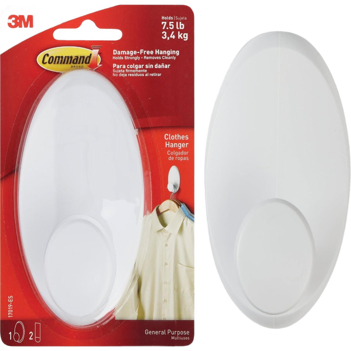 White adhesive clothes hook with oval design supporting up to 7.5 pounds for damage-free home organization
