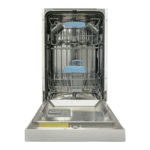 Open built-in dishwasher with stainless steel interior, blue racks, and silverware basket in Dishwashers and Kitchenware collections